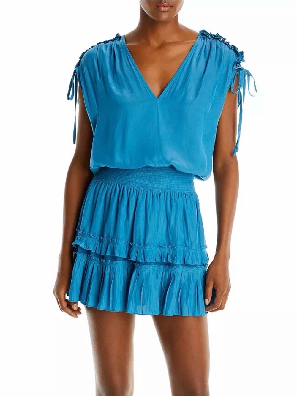 Ramy Brook Sasha Mini Dress Teal Tiered Skirt With Pleated Ruffles Size Medium